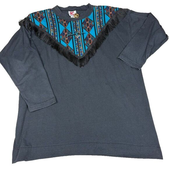 Vintage 80s Southwest Rodeo Aztec Fringe Long Sleeve Shirt Black OS XL Cowgirl - Picture 2 of 11